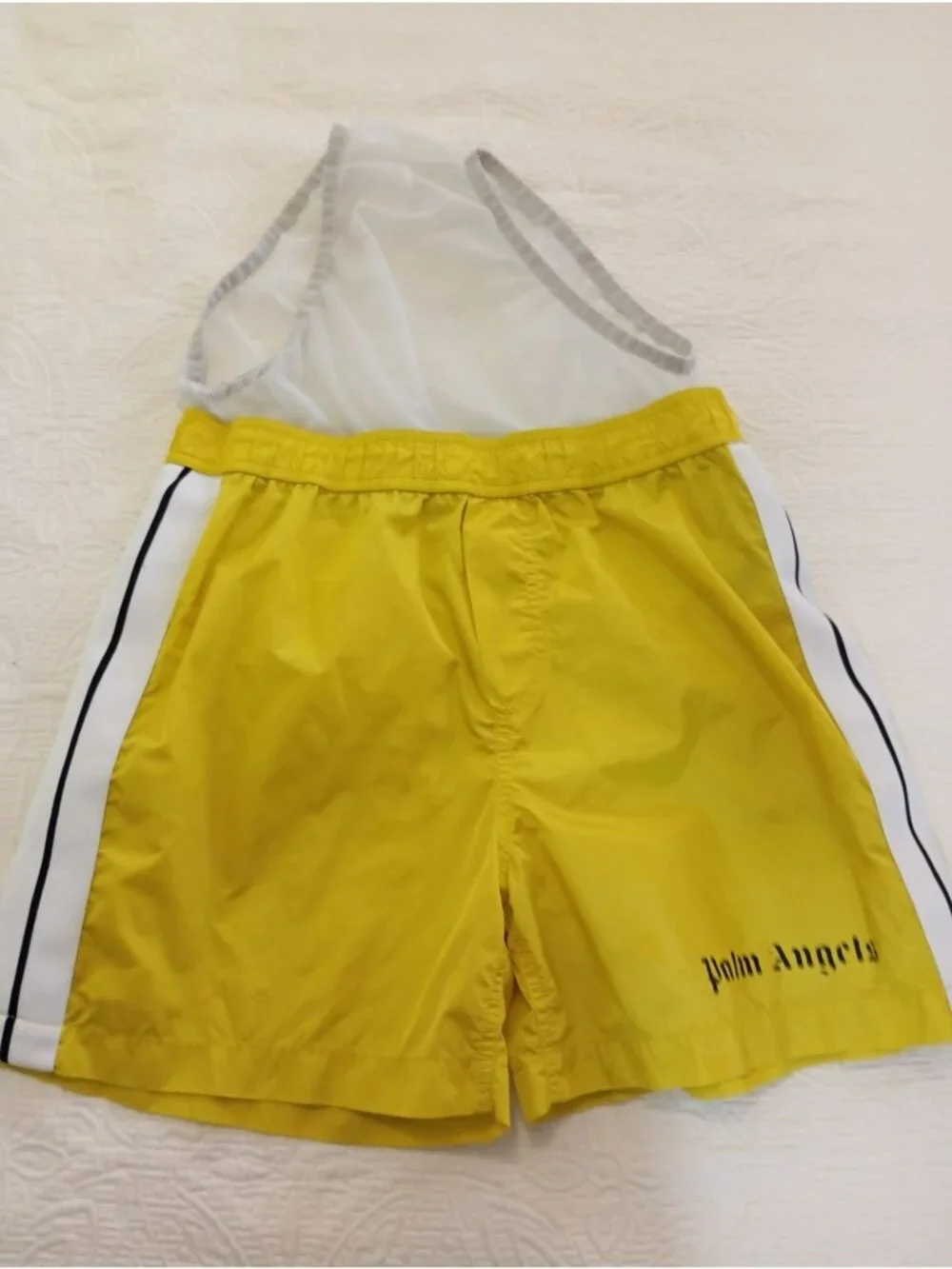 Palm Angels Yellow Nylon Athletic Shorts White Side Stripe S Elastic Waistband